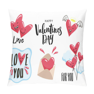 Personality  Set Of Happy Valentines Day Stickers With Cute Cartoon Hearts. Pillow Covers