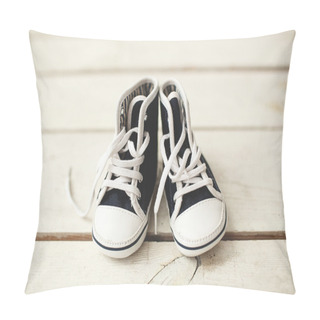 Personality  Baby Black And White Sneakers On Wooden Floor Pillow Covers