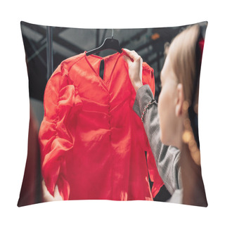 Personality  Selective Focus Of Stylist Holding Fashionable Blouse On Hanger Pillow Covers