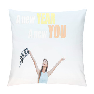Personality  The Girl Is Resting In The Fresh Air, Against The Blue Sky, Feeling Free. Image With Text. New Year New Me. Christmas Concept Pillow Covers