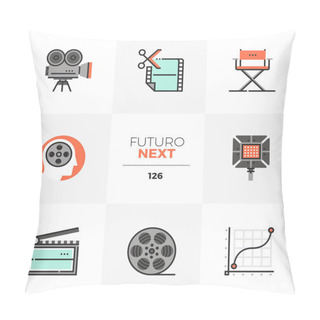 Personality  Modern Flat Icons Set Of Film Production, Video Making And Editing. Unique Color Flat Graphics Elements With Stroke Lines. Premium Quality Vector Pictogram Concept For Web, Logo, Branding, Infographics. Pillow Covers