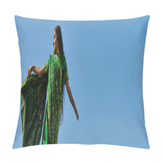 Personality  Summer Leisure, Indian Woman In Sari Smiling And Looking Away Under Blue Cloudless Sky, Banner Pillow Covers