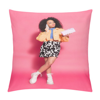 Personality  Full Length Of African American Woman In Skirt With Animal Print Holding Present While Talking On Smartphone On Pink  Pillow Covers