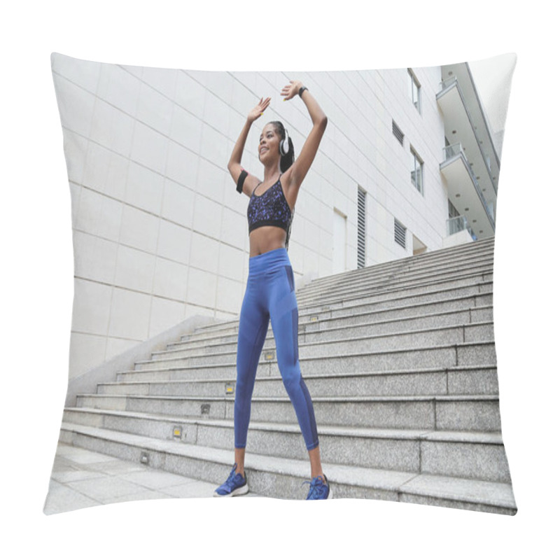 Personality  Smiling Fit Young Black Woman Doing Jumping Jacks Exercise Outdoors Pillow Covers