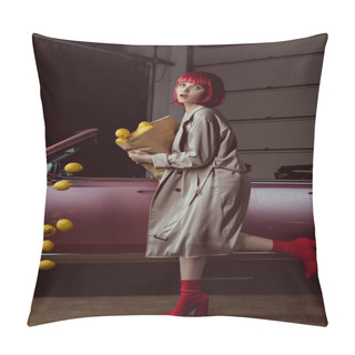 Personality  Girl In Red Wig And Stylish Trench Coat Holding Paper Bag With Falling Lemons Near Retro Car  Pillow Covers