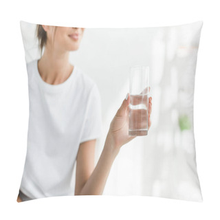 Personality  Cropped View Of Smiling Girl Holding Glass Of Water In The Morning Pillow Covers