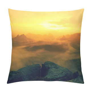 Personality  Sunrise In A Beautiful Mountain Of Czech-Saxony Switzerland. Hilly Peaks Increased From Orange Fog With Sun Rays.    Pillow Covers