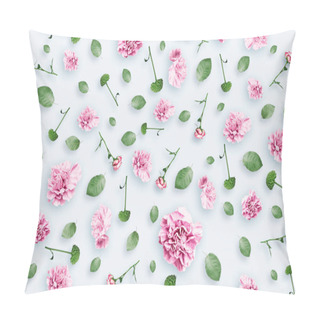 Personality  Pattern Of Pink And Beige Roses And Green Leaves On A White Background. Flat Lay, Top View, Mixed Media. Spring Background, Valentine's Day, March 8 Pillow Covers