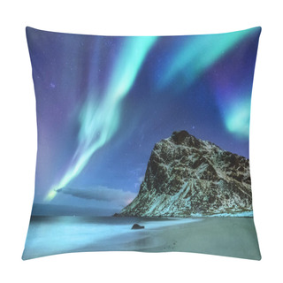 Personality  Aurora Borealis On The Lofoten Islands, Norway. Green Northern Lights Above Mountains And Ocean Shore. Night Winter Landscape With Aurora And Reflection On The Water Surface. Natural Background In The Norway Pillow Covers
