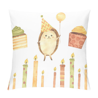Personality  Watercolor Birthday: Cupcake, Cake, Candles, Ribbons, Stars, Balls, Hedgehogs. Hand Drawn Cartoon Watercolor Sketch Illustration Isolated On White Background. Collections For Birthday Card Pillow Covers