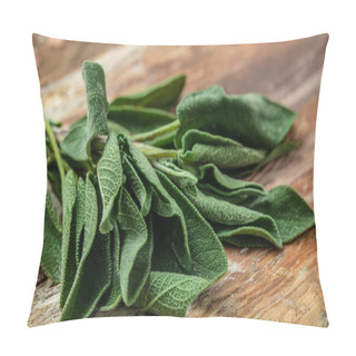Personality  Herb Sage Leaf On A Wooden Background, Banner, Menu, Recipe, Medicine. Natural Plant, Place For Text, Top View, Pillow Covers