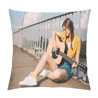 Personality  Young Woman With Guitar Sitting On Ground And Performing On Street Pillow Covers