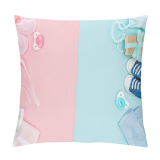 Personality  Top View Of Pacifiers, Gifts, Hat, Booties, Sneakers, Bonnets On Pink And Blue Background Pillow Covers