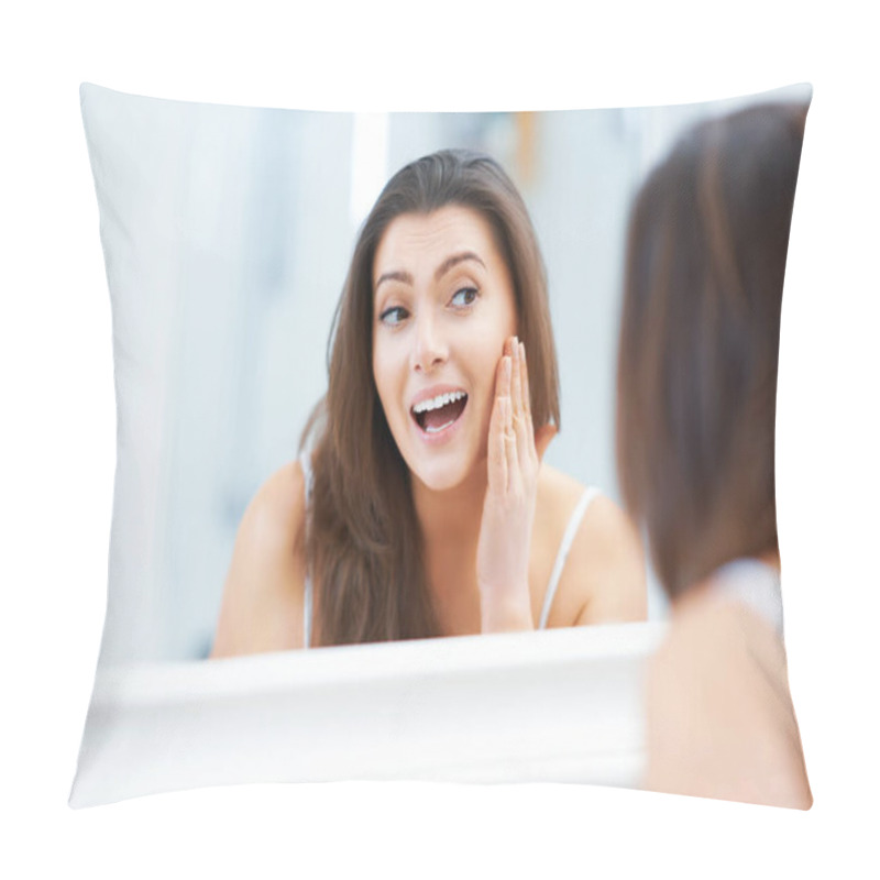 Personality  Young nice brunette woman in the bathroom pillow covers