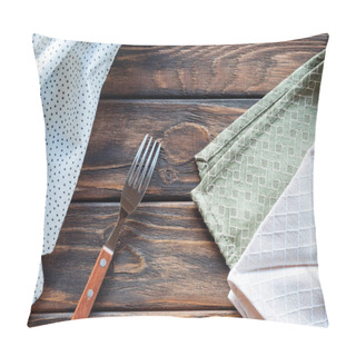 Personality  Top View Of Linen And Fork On Wooden Surface Pillow Covers