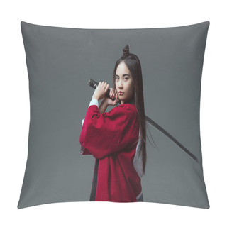 Personality  Young Woman In Kimono Holding Katana And Looking At Camera Isolated On Grey  Pillow Covers