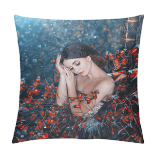 Personality  Sleeping Beauty Portrait. Young Brunette Woman, Creative Gentle Makeup, Fashion Vintage Glamorous Collected Hairstyle. Brunette Girl. Fantasy Dress With Butterflies. Blue Orange Art Color Photography Pillow Covers