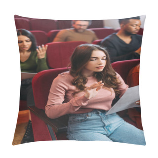 Personality  Multiethnic Actors And Actresses Reading Scripts On Seats In Theatre Pillow Covers