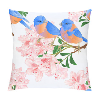 Personality  Seamless Texture Small  Bird Bluebirds  Thrush And Light Pink Rhododendron Branch  Vintage Vector Illustration Editable Hand Draw Pillow Covers