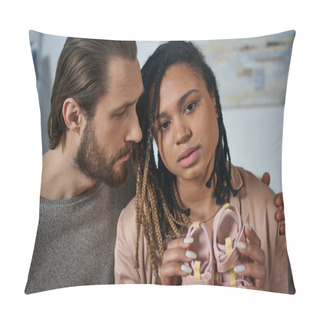 Personality  Bearded Man Calming Down African American Wife Crying And Holding Baby Clothes, Miscarriage Concept Pillow Covers