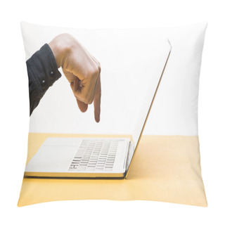 Personality  Cropped View Of Man Pointing With Finger At Laptop On Desk Isolated On White  Pillow Covers