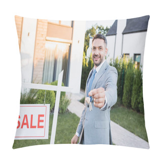 Personality  Happy Broker Looking At Camera And Standing Near Sign With Sale Lettering With Blurred Keys On Foreground Pillow Covers