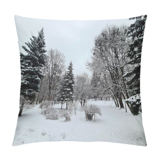 Personality  This Image Showcases A Tranquil Scene In A Park Blanketed In Snow, With Trees And Pathways Covered In A White Winter Coat. Pillow Covers