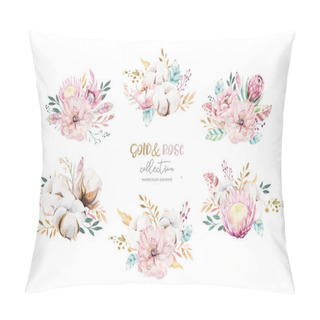 Personality  Watercolor Boho Floral Set Wirh Cotton Ball, Protea Flower. Bohemian Natural Wreath Frame: Leaves, Feathers, Flowers, Isolated On White Background. Boho Decoration Illustration. Save The Date Pillow Covers