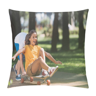 Personality  Adorable Happy Kids Having Fun With Longboard In Park  Pillow Covers