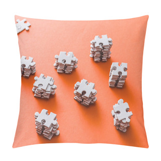 Personality  Selective Focus Of Stacked White Puzzle Pieces On Orange Pillow Covers