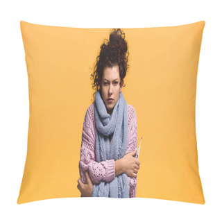 Personality  Sick Woman With Fever Holding Thermometer Isolated On Orange Pillow Covers