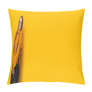 Personality  Monochrome Photo Of A Ginger Lady With Freckles And Eyeglasses Smiling On A Yellow Studio Wall With Free Space Pillow Covers