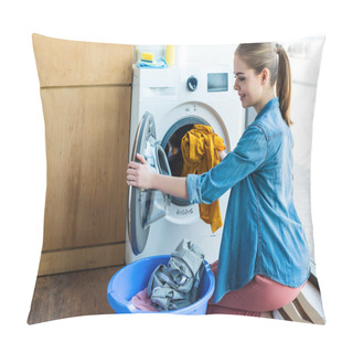 Personality  Smiling Young Woman Taking Laundry From Washing Machine Into Plastic Basin Pillow Covers