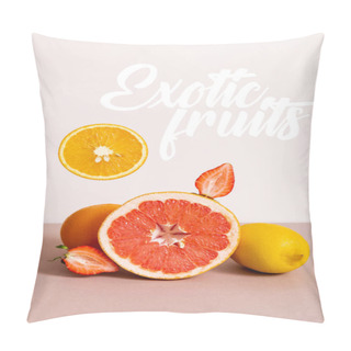Personality  Fruit Composition With Citrus Fruits And Strawberry Near Exotic Fruits Lettering On Beige Pillow Covers