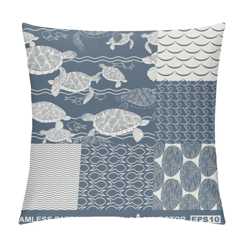 Personality  Abstract ocean backgrounds set, sea and beach theme, fashion retro seamless pattern, monochrome vector wallpaper, beautiful vintage fabric, blue wrapping; turtle, fish geometric ornaments for design pillow covers