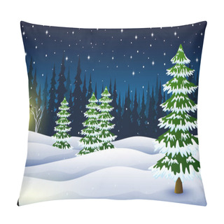 Personality  Cartoon Of Winter Night Background With Pine Trees And Street Lamp At Night Pillow Covers