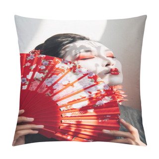 Personality  Beautiful Geisha With Red And White Makeup And Closed Eyes Holding Hand Fan In Sunlight Pillow Covers