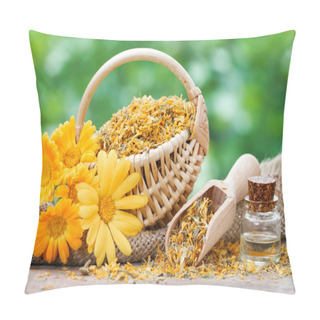 Personality  Marigold Flowers, Basket With Dried Plants And Bottles Of Essent Pillow Covers