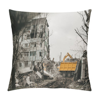Personality  Borodyanka, Kyiv Region, Ukraine. April 08, 2022: Destroyed Building After Russian Occupation  Pillow Covers