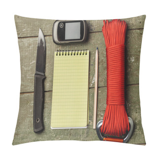 Personality  Overhead View Of Survival Gear Equipment To Survive  And Noteboo Pillow Covers