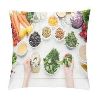 Personality  Cropped View Of Woman Adding Herbs In Jar With Salad On Wooden White Table  Pillow Covers