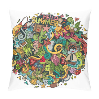 Personality  Cartoon Hand-drawn Doodles Summer Illustration. Colorful Detailed, With Lots Of Objects Vector Background Pillow Covers