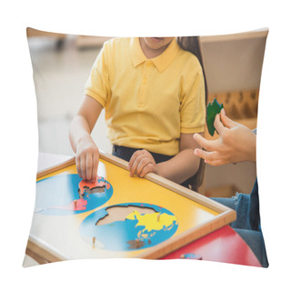 Personality  Cropped View Of Girl Combining Earth Map Puzzle Near Teacher In Montessori School Pillow Covers