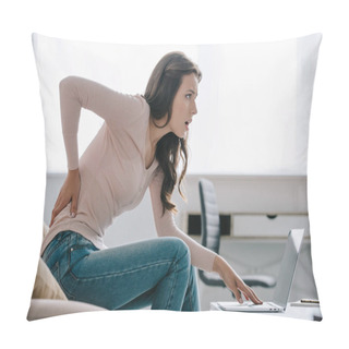 Personality  Side View Of Young Woman Suffering From Back Pain While Using Laptop At Home    Pillow Covers