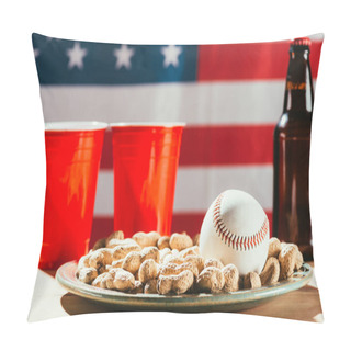 Personality  Close-up View Of Baseball Ball On Plate With Peanuts, Red Plastic Cups And Beer Bottle On Table Pillow Covers