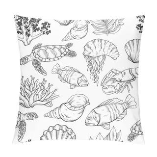 Personality  Outline Vector Sea Creatures Seamless Design. Wild Life Pattern With Sea Inhabitants Pillow Covers