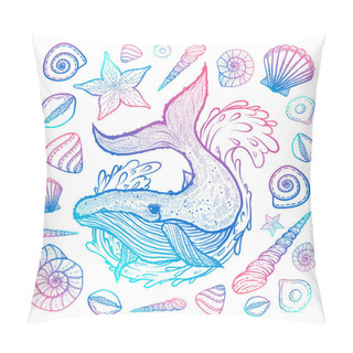Personality  Poster With Whale, Seashells And Starfishes. Marine Background. Hand Drawn Illustration In Doodle Style Pillow Covers