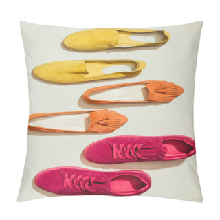 Personality  Top View Of Stylish Female Sneakers, Slipper Shoes And Espadrilles Placed In Row Isolated On White Background Pillow Covers