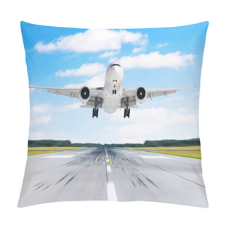 Personality  Big Airplane Aircraft Flying Departure Landing Speed Motion On A Runway In The Good Weather With Cumulus Clouds Sky Day. Pillow Covers