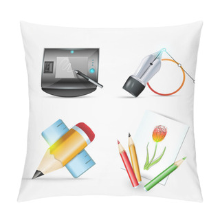 Personality  Icon Set Ink Pen And Pencil, Mail. Vector Illustration Pillow Covers